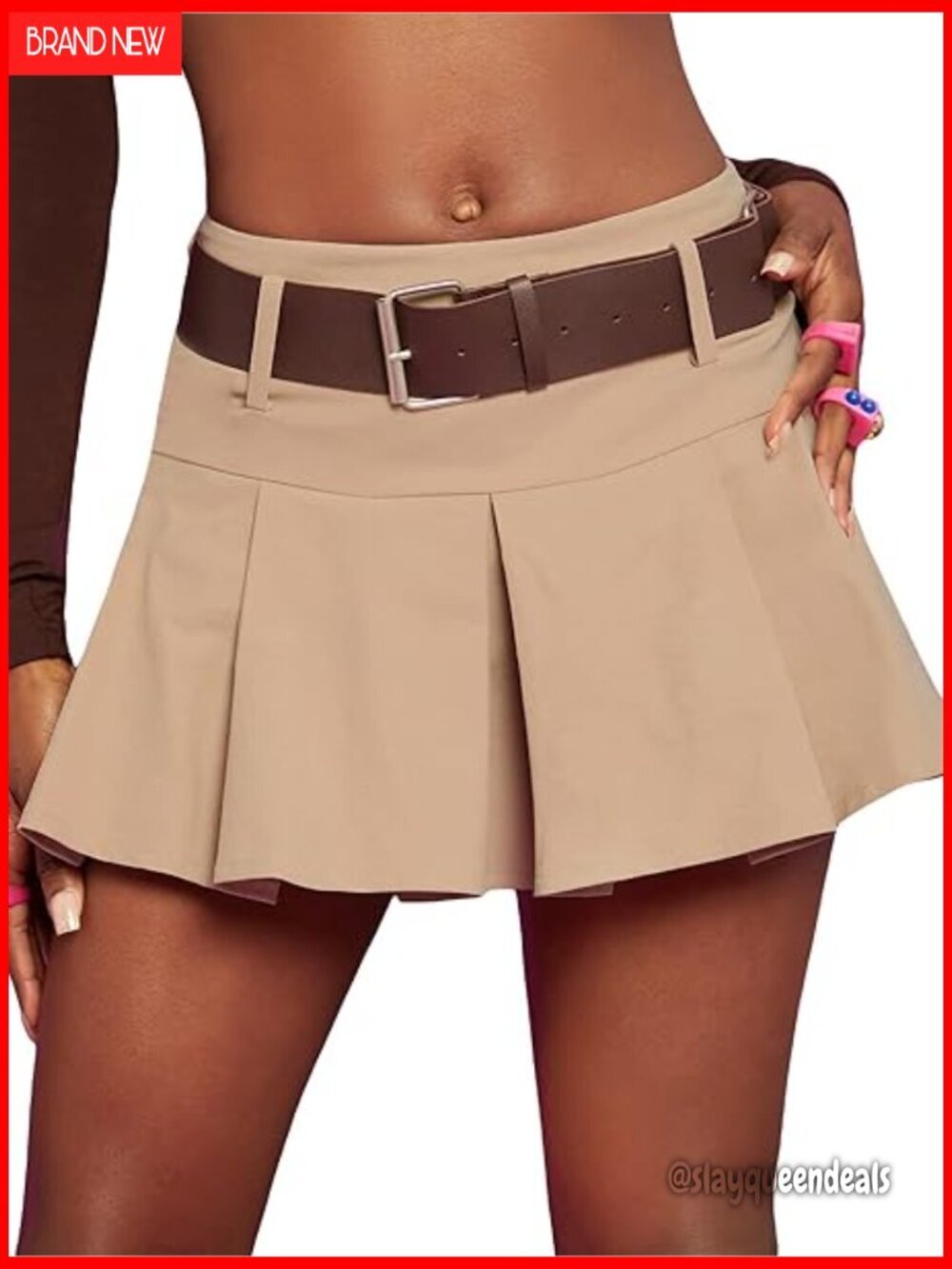 Low Waist Pleated Tennis Skater Mini Skirt with Belt - Stretch Fabric